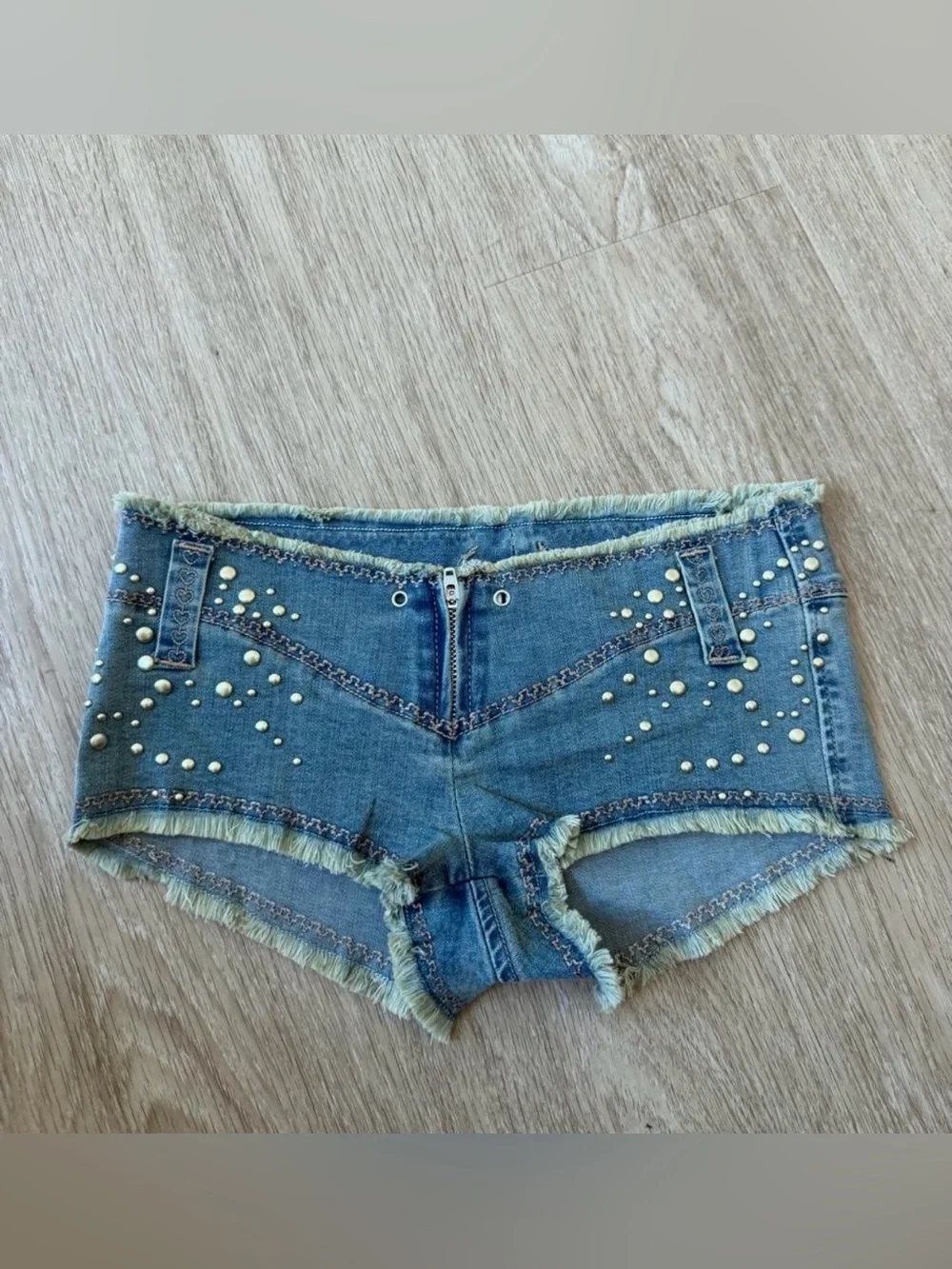 I.AM.GIA VEXA micro blue denim shorts with silver studs and frayed hem size XXS